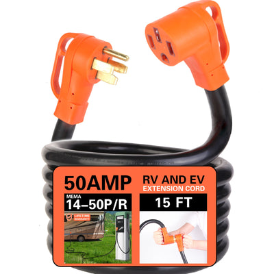 BJOP  15 FT 50 Amp RV/EV Extension Cord Outdoor 4 Prong 250-Volt NEMA 14-50P to 14-50R, Suitable for RV Trailers, Campers, Tesla Model 3/S/X/Y, Heavy Duty STW AWG Gauge, UL & ETL Listed