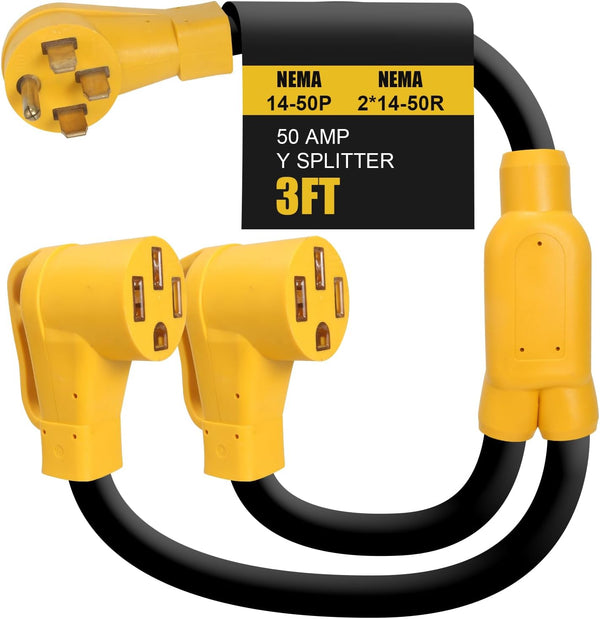 BJOP NEMA 14-50 Y Splitter Adapter Cord for RV and EV, 4-Prong 250-Volt, NEMA 14-50P to x2 NEMA 14-50R, 6/3, 8/1 STW AWG Gauge-Auto/RV/EV/Tesla Model 3/S/X/Y-3 Feet