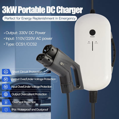 3kW Portable DC EV Charger – Emergency Electric Car Charger with CCS1/CCS2 Connector & NEMA Power Plug, 340Vdc Output, Overcurrent/Heat Protection, IP66 Waterproof (240V-CCS1)