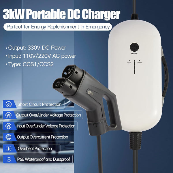3kW Portable DC EV Charger – Emergency Electric Car Charger with CCS1/CCS2 Connector & NEMA Power Plug, 340Vdc Output, Overcurrent/Heat Protection, IP66 Waterproof (240V-CCS1)