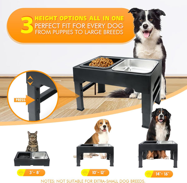 Elevated Dog Bowls with Adjustable Heights for Food and Water Feeding