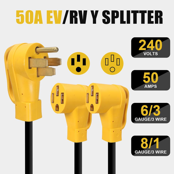 BJOP NEMA 14-50 Y Splitter Adapter Cord for RV and EV, 4-Prong 250-Volt, NEMA 14-50P to x2 NEMA 14-50R, 6/3, 8/1 STW AWG Gauge-Auto/RV/EV/Tesla Model 3/S/X/Y-3 Feet